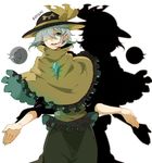  adapted_costume blue_eyes character_name cowboy_shot crystal earrings frills grey_hair hair_over_one_eye hat hat_ribbon jewelry komeiji_koishi namataro open_mouth outstretched_hand ribbon shadow shawl short_hair skirt solo third_eye touhou turtleneck white_background 