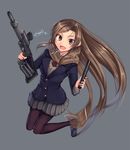  blazer brown_eyes brown_hair dreadtie gun highres jacket long_hair original pantyhose pleated_skirt reflex_sight scarf school_uniform shotgun simple_background skirt smile solo very_long_hair weapon 