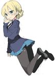  araki_kanao black_legwear blonde_hair blue_eyes blue_sweater braid commentary_request darjeeling girls_und_panzer jumping loafers long_sleeves looking_at_viewer necktie pantyhose school_uniform shoes short_hair smile solo st._gloriana's_school_uniform sweater 