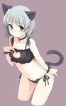  animal_ears bell bell_choker black_bra black_panties blush bra breasts cat_cutout cat_ear_panties cat_ears cat_lingerie cat_tail choker cleavage cleavage_cutout cropped_legs green_eyes hand_on_own_chest jingle_bell leaning_forward looking_at_viewer meme_attire mobu navel panties purple_background sanya_v_litvyak side-tie_panties silver_hair simple_background small_breasts smile solo strike_witches tail underwear underwear_only world_witches_series 