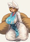  alternate_eye_color arm_at_side arm_behind_back blonde_hair blush breasts brown_eyes chanta_(ayatakaoisii) curvy dress eyebrows eyebrows_visible_through_hair fluffy fox_tail hat highres huge_breasts long_sleeves looking_at_viewer multiple_tails open_mouth pillow_hat plump seiza short_hair simple_background sitting solo sweat tabard tail taut_clothes teeth thick_thighs thighs tongue touhou white_dress wide_hips yakumo_ran 