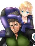  1girl :c aqua_eyes ass black_hair blonde_hair blush bodysuit breasts carrying chris_redfield cleavage_cutout fireman's_carry jill_valentine large_breasts looking_at_viewer nagare resident_evil resident_evil_5 