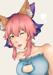  ;d absurdres animal_ears bad_id bad_pixiv_id bow breasts cat_lingerie fate/extra fate_(series) fox_ears hair_bow hair_ribbon heart highres looking_at_viewer mark1019 meme_attire one_eye_closed open_mouth pink_hair ribbon smile solo tamamo_(fate)_(all) tamamo_no_mae_(fate) twintails type-moon yellow_eyes 