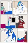  anthro anthrofied areola bed big_breasts blue_hair breasts cleavage clothed clothing comic cutie_mark dekomaru dialogue duo earth_pony english_text equine eyes_closed female friendship_is_magic fur grey_fur grey_hair hair horse mammal my_little_pony navel nipples nude octavia_(mlp) pillow pony pubes pussy shirt shower showering text thehotroom towel vinyl_scratch_(mlp) white_fur 
