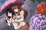  blue_hair brown_hair brown_skirt dutch_angle flower fujino_shizuru green_eyes hair_grab ivy kuga_natsuki long_hair multiple_girls my-hime oiun rain red_eyes school_uniform shared_umbrella skirt smile umbrella vest 