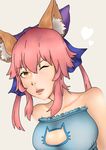  ;d absurdres animal_ears bow breasts cat_lingerie fate/extra fate_(series) fox_ears hair_bow hair_ribbon heart highres looking_at_viewer mark1019 meme_attire one_eye_closed open_mouth pink_hair ribbon smile solo tamamo_(fate)_(all) tamamo_no_mae_(fate) twintails type-moon yellow_eyes 
