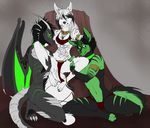  2014 anthro armband blue_eyes breasts canine clothed clothing dragon female fox fur green_eyes green_fur hand_on_head hybrid jewelry kneeling leg_grab loincloth looking_at_viewer male mammal narcotic_sprinkles necklace royalty sitting smirk spread_legs spreading topless white_fur wings wolf 