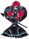  1girl blue_skin clothing dress eye_patch eyepatch eyewear fang fangs female fish_girl full_body hair long_hair looking_at_viewer melee_weapon polearm red_hair rotodisk solo spear undertale undyne video_games weapon white_background wide_hips 