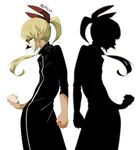  alternate_costume blonde_hair clenched_hands contemporary contrapposto cowboy_shot dress earrings error flandre_scarlet glasses hair_over_eyes hair_ribbon jewelry long_hair namataro no_hat no_headwear ponytail profile ribbon shadow solo standing symmetry touhou turtleneck white_background 