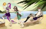  adelaherz anthro beach beach_ball breasts canine clothed clothing fangs female half-closed_eyes male mammal outside seaside sergal smile swimsuit teeth 