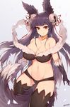  animal_ears arms_at_sides bare_shoulders bell between_legs breasts choker cleavage collarbone erune eyebrows eyebrows_visible_through_hair fox_ears fur_trim granblue_fantasy groin hair_ornament hair_ribbon highres jewelry large_breasts long_hair looking_at_viewer mukka purple_hair red_eyes ribbon smile solo stomach tail tail_between_legs thighhighs twitter_username yuel_(granblue_fantasy) 