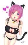  2015 absurdres alternate_costume animal_ears artist_name bell bell_choker black_panties breast_suppress breasts cat_cutout cat_ear_panties cat_ears cat_lingerie cat_tail chestnut_mouth choker cleavage cleavage_cutout cowboy_shot dated fate/grand_order fate_(series) frills from_above groin hair_over_one_eye heart highres jingle_bell large_breasts looking_at_viewer mash_kyrielight meme_attire navel open_mouth panties paolo_espana purple_eyes purple_hair short_hair side-tie_panties signature simple_background solo stomach tail thigh_gap underwear underwear_only white_background 
