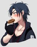  black_gloves black_hair doughnut eating eyepatch food gloves jacket male_focus satou_saori shokudaikiri_mitsutada solo touken_ranbu track_jacket upper_body yellow_eyes 