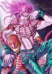  abs artist_name dated diavolo fishnets jojo_no_kimyou_na_bouken king_crimson_(stand) long_hair male_focus marker_(medium) muscle nabeya_sakihana navel pale_skin pink_hair signature stand_(jojo) tattoo traditional_media twitter_username vento_aureo wristband 