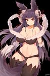  animal_ears arms_at_sides bare_shoulders bell between_legs black_background breasts choker cleavage collarbone erune eyebrows eyebrows_visible_through_hair fox_ears fur_trim granblue_fantasy groin hair_ornament hair_ribbon highres jewelry large_breasts long_hair looking_at_viewer mukka purple_hair red_eyes ribbon simple_background smile solo stomach tail tail_between_legs thighhighs twitter_username yuel_(granblue_fantasy) 