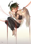  absurdres ahoge angel_wings armband artist_name barefoot crop_top from_side full_body gradient gradient_background green_hair highres male_focus midriff multicolored_hair navel qing_heshang red_eyes red_hair sakaki_yuuya signature solo string two-tone_hair wings yuu-gi-ou yuu-gi-ou_arc-v 