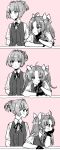  ahoge arms_behind_back bangs blush bow buttons chin_rest closed_mouth collared_shirt comic commentary deco_(geigeki_honey) eyebrows_visible_through_hair fingerless_gloves gloves greyscale hair_between_eyes hair_bow hair_ribbon highres kagerou_(kantai_collection) kantai_collection long_hair looking_at_viewer looking_to_the_side medium_hair monochrome multiple_girls neck_ribbon parted_bangs ponytail ribbon school_uniform shiranui_(kantai_collection) shirt short_sleeves spot_color twintails upper_body vest 