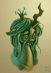  2013 changeling crown fangs female feral friendship_is_magic green_eyes green_hair hair hi_res horn jewelry looking_at_viewer mrs1989 my_little_pony necklace portrait queen_chrysalis_(mlp) sad simple_background solo 