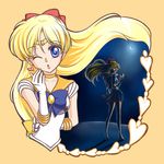  aino_minako arm_behind_back bishoujo_senshi_sailor_moon blonde_hair blue_bow blue_eyes blue_skirt bow choker cowboy_shot crescent dual_persona elbow_gloves gloves hair_bow half_updo heart highres lipstick long_hair magical_girl makeup mask multiple_girls one_eye_closed orange_background orange_choker orange_sailor_collar red_bow red_lipstick sailor_collar sailor_senshi_uniform sailor_v sailor_venus seiji_(hanjuku_pancake) shoes skirt standing tiara v white_gloves 