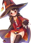  bandages bangs belt black_gloves black_hair black_legwear blush cape collar commentary_request covering covering_crotch dress embarrassed fingerless_gloves gloves hat kono_subarashii_sekai_ni_shukufuku_wo! looking_at_viewer matokechi megumin no_panties nose_blush open_mouth outstretched_hand red_eyes short_hair short_hair_with_long_locks sidelocks single_thighhigh skirt skirt_tug solo thighhighs witch_hat 