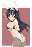  abenattou animal_ears black_eyes black_hair blush bunny_ears bunny_tail bunnysuit cowboy_shot detached_collar fake_animal_ears from_behind girls_und_panzer leotard long_hair looking_at_viewer looking_back pantyhose parted_lips pink_background reizei_mako solo standing tail wrist_cuffs 