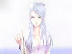  bangs blue_eyes breasts chou_shittou_caduceus cleavage collarbone earrings fingernails hat jewelry large_breasts long_hair looking_at_viewer mira_kimishima moriririnn nurse nurse_cap serious signature silver_hair simple_background solo thermometer 