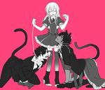  all_fours animal_ears bad_id bad_pixiv_id belt bite_mark black_gloves cat_ears cat_tail closed_eyes crossdressing dress eyepatch gloves kemonomimi_mode leash long_hair male_focus midare_toushirou monochrome multiple_boys necktie ookurikara otoko_no_ko pink_background satou_saori shokudaikiri_mitsutada tail thighhighs torn_clothes torn_legwear touken_ranbu 