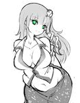  bare_shoulders belly breasts cleavage curvy detached_sleeves frog_hair_ornament green_eyes greyscale hair_ornament kochiya_sanae large_breasts leaning_forward looking_at_viewer monochrome no_nose raptor7 smile snake_hair_ornament solo spot_color touhou wide_hips 