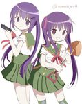  absurdres cosplay ebisuzawa_kurumi ebisuzawa_kurumi_(cosplay) gakkou_gurashi! gochuumon_wa_usagi_desu_ka? gun highres ichigo_no_yatsuhashi long_hair look-alike matching_outfit multiple_girls purple_hair school_uniform tedeza_rize twintails twitter_username weapon 