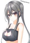  alternate_costume alternate_hairstyle black_hair blush bra breasts brown_eyes cat_cutout cat_lingerie cleavage_cutout collarbone frown hair_ornament hairclip hand_on_own_chest haruna_(kantai_collection) kantai_collection long_hair looking_at_viewer medium_breasts meme_attire natsuya_(pucelle) no_headgear simple_background solo twintails twitter_username underwear underwear_only upper_body white_background 