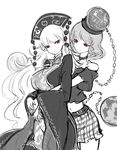  breasts chain chinese_clothes earth_(ornament) greyscale hat hecatia_lapislazuli highres hug hug_from_behind junko_(touhou) large_breasts midriff miniskirt monochrome moon_(ornament) multiple_girls navel pointy_ears polos_crown raptor7 red_eyes skirt spot_color touhou 