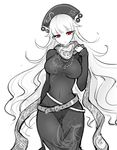  adapted_costume breasts dress greyscale hat highres hips jewelry junko_(touhou) large_breasts long_hair monochrome necklace pointy_ears raptor7 red_eyes scarf solo spot_color touhou 
