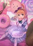  &gt;:) arm_support bad_id bad_pixiv_id bangs blonde_hair blunt_bangs bow brown_eyes candy commentary_request doughnut dress dutch_angle food futaba_anzu hair_bow hairband highres idolmaster idolmaster_cinderella_girls juliet_sleeves knees_together_feet_apart lollipop long_hair long_sleeves looking_at_viewer mouth_hold muted_color niwakaike oversized_object pointy_ears polka_dot puffy_sleeves sidelocks sitting smile solo stuffed_animal stuffed_bunny stuffed_toy swirl_lollipop twintails v-shaped_eyebrows v_over_eye white_legwear 