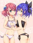  ass_cutout bare_shoulders blue_eyes blue_hair bow bracelet_girls breast_hold breasts butt_crack cat_cutout cat_lingerie cat_tail cleavage cleavage_cutout collarbone from_side green_eyes hair_bow hiiragi_yuzu holding_hands jyon104 matching_outfit medium_breasts meme_attire midriff multicolored_hair multiple_girls navel panties pink_hair ponytail serena_(yuu-gi-ou_arc-v) short_twintails siblings side-tie_panties smile tail twins twintails two-tone_hair underwear yuu-gi-ou yuu-gi-ou_arc-v 