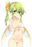  :o bangs bikini blush breasts cleavage collarbone cowboy_shot daiyousei fairy_wings green_eyes green_hair high_ponytail highres long_hair lowleg lowleg_bikini maturiuta_sorato medium_breasts navel pointy_ears ponytail simple_background solo standing swimsuit touhou white_background white_bikini wings 