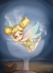  bare_shoulders barefoot black_eyes blonde_hair blush cup dragon's_crown dress drinking_glass drunk fairy glass in_container long_hair minigirl pointy_ears shirotake_jinan smile solo steam strapless strapless_dress tiki_(dragon's_crown) twintails wings 