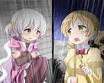  abutomato blonde_hair image_sample mahou_shoujo_madoka_magica momoe_nagisa multiple_girls pantyhose pixiv_sample rain school_uniform tears tomoe_mami umbrella white_hair yellow_eyes 