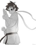  bad_id bad_pixiv_id choker clenched_hand dougi fighting_stance frogcage greyscale makoto_(street_fighter) monochrome ribbon_choker serious short_hair solo street_fighter tomboy white_background 