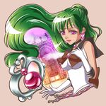  bishoujo_senshi_sailor_moon black_choker bow brooch brown_bow choker earrings elbow_gloves gloves green_hair hair_bun hand_on_own_chest highres jewelry lipstick long_hair magical_girl makeup meiou_setsuna pink_lipstick purple_eyes sailor_collar sailor_pluto sailor_senshi_uniform seiji_(hanjuku_pancake) smile solo tiara white_gloves 