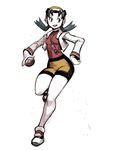  beanie bike_shorts black_hair blue_eyes breasts cropped_jacket crystal_(pokemon) full_body genzoman hat holding holding_poke_ball jacket jewelry long_hair low_twintails open_clothes open_jacket pendant poke_ball pokegear pokemon pokemon_(game) pokemon_gsc running shoes small_breasts sneakers solo twintails 