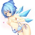  blue_bow blue_bra blue_eyes blue_hair blue_panties blush bow bra bra_removed breast_hold breasts cirno collarbone colored_eyelashes covering covering_breasts covering_nipples groin hair_bow heart highres ice ice_wings looking_at_viewer lowleg lowleg_panties navel panties short_hair side-tie_panties simple_background small_breasts solo standing tatapopo touhou underwear white_background wings 