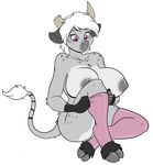  anthro big_breasts bovine breasts cattle clothing female fur grey_fur hair hooves horn huge_breasts legwear mammal nipples nude purple_eyes short_hair sitting skidd solo stockings white_hair 