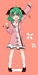  :d absurdres ameyu_(rapon) animal_ears bad_id bad_pixiv_id dog_ears dress fangs green_eyes green_hair highres kasodani_kyouko open_mouth pink_background salute short_hair simple_background smile solo touhou 