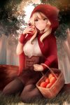  :t apple bad_id bad_pixiv_id black_legwear blonde_hair brown_skirt cape cloak commentary corset eating food forest fruit grass green_eyes highres holding holding_food holding_fruit hood hooded_cloak inaba_sunimi little_red_riding_hood nature original pantyhose pout red_cape red_hood sitting skirt solo tree wariza wrist_cuffs 