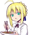  ahoge artoria_pendragon_(all) blonde_hair braid chopsticks fate/stay_night fate_(series) food food_on_face green_eyes saber sen_(astronomy) simple_background solo triangle_mouth upper_body white_background yakisoba 
