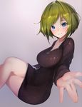  :3 \||/ bad_id bad_pixiv_id bangs black_dress blonde_hair blue_eyes blush breasts closed_mouth crossed_legs dress from_side gradient gradient_background large_breasts long_sleeves looking_at_viewer original palms ribbed_dress rorona_s. short_dress short_hair sitting solo 