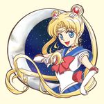 bishoujo_senshi_sailor_moon blonde_hair blue_eyes blue_sailor_collar blue_skirt bow brooch choker cowboy_shot crescent_moon double_bun earrings elbow_gloves gloves hair_ornament hairpin highres jewelry long_hair looking_at_viewer magical_girl moon moon_stick red_bow red_choker sailor_collar sailor_moon sailor_senshi_uniform seiji_(hanjuku_pancake) skirt sky smile solo star_(sky) starry_moon starry_sky tiara tsukino_usagi twintails wand white_gloves 