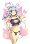  bell bell_choker black_bra black_panties blue_eyes bra braid breast_padding breasts cat_cutout cat_ear_panties cat_lingerie choker cleavage cleavage_cutout collarbone colonel_aki izayoi_sakuya jingle_bell long_hair looking_at_viewer maid maid_headdress medium_breasts meme_attire navel panties paw_pose pose side-tie_panties silver_hair smile solo touhou twin_braids underwear 