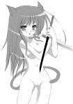  animal_ears cat_ears cat_tail kunai line_drawing mithra monochrome ninja nude sword tail weapon 