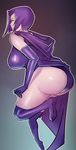  ass bare_shoulders breasts cape dc_comics elbow_gloves gloves highres huge_ass large_breasts leg_lift looking_at_viewer looking_back purple_eyes purple_hair purple_legwear raven_(dc) shiny shiny_clothes short_hair solo teen_titans thick_thighs thighhighs thighs zxc 